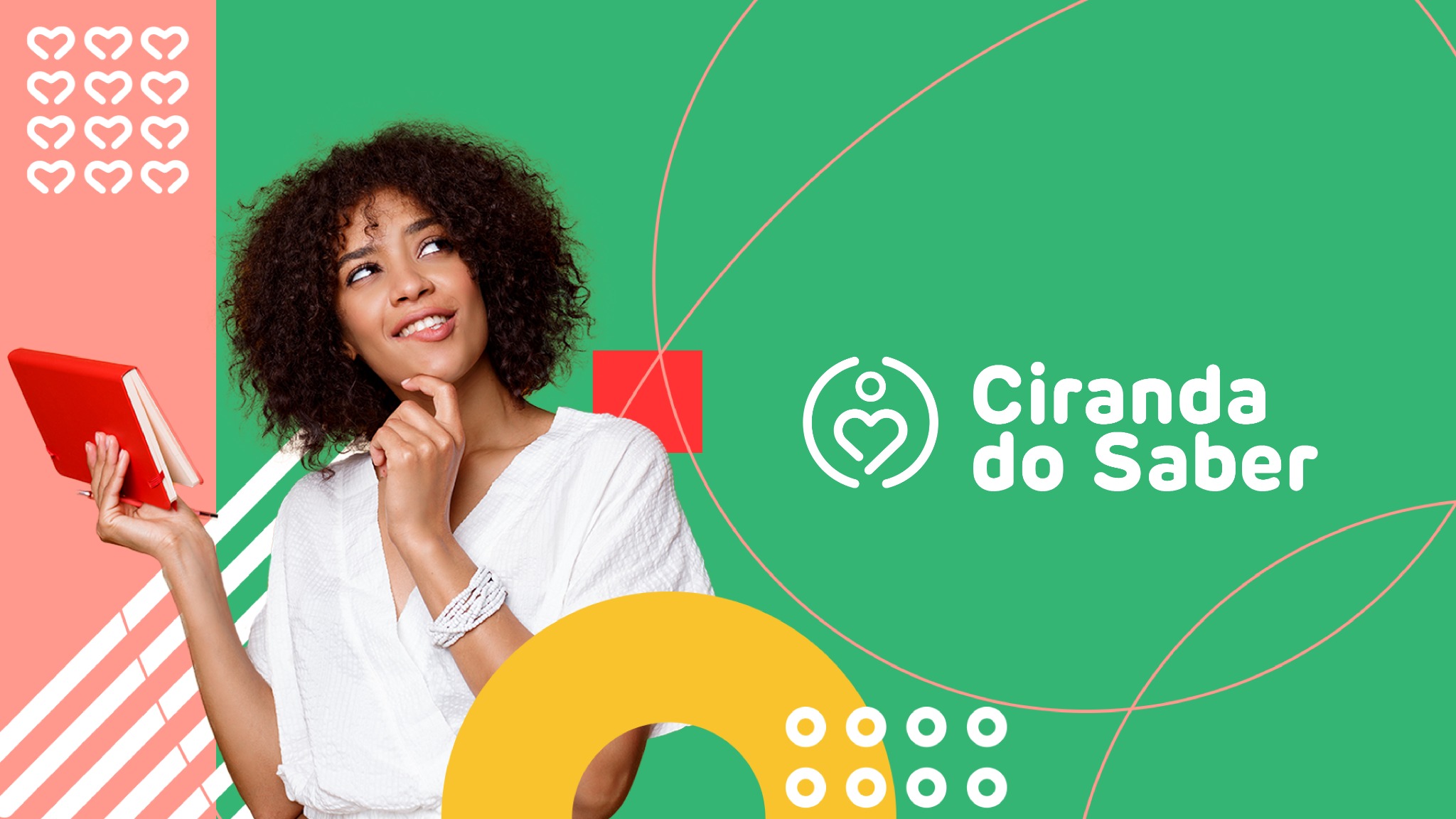 Identidade da Ciranda do Saber com mulher segurando um livro